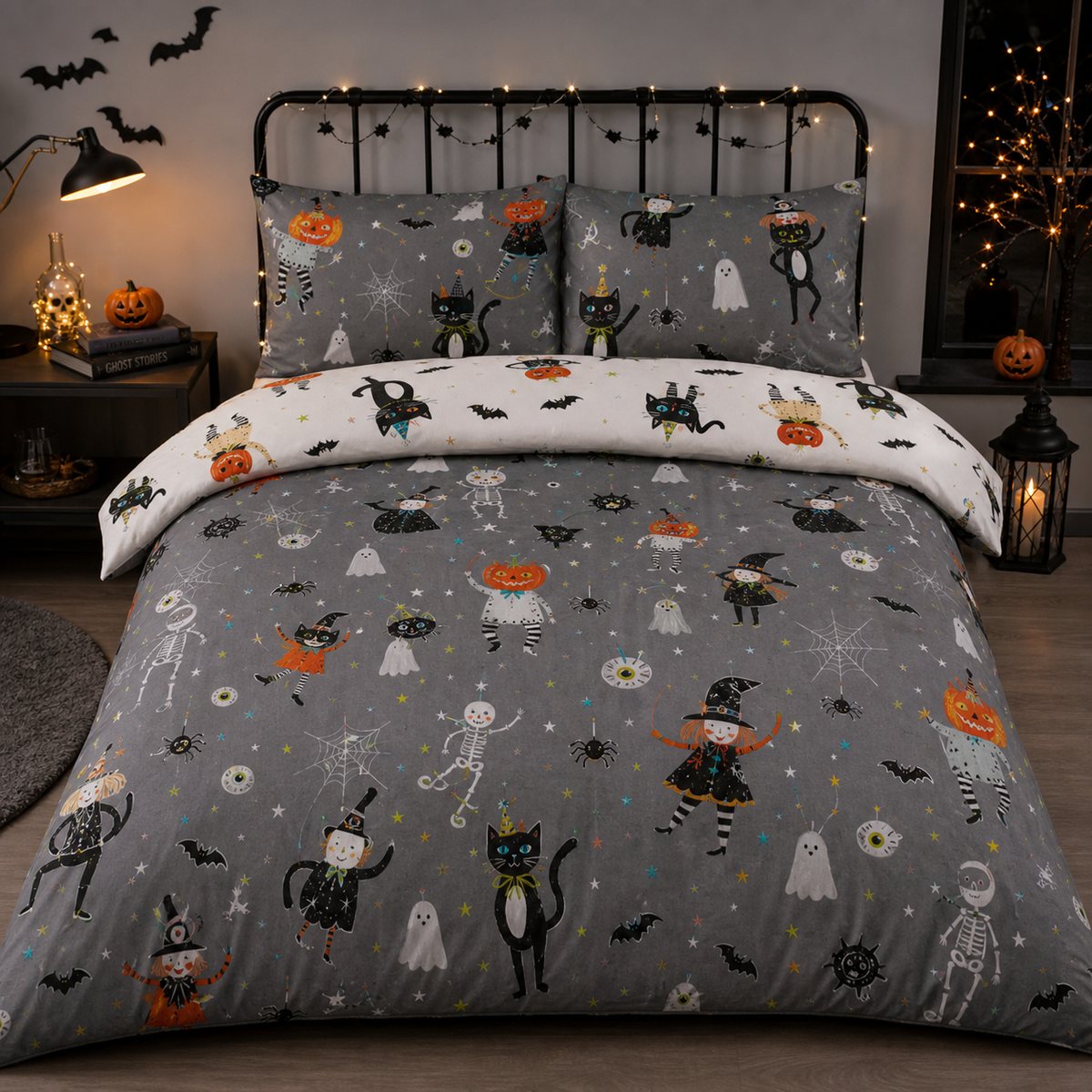Halloween Party Polycotton Duvet Cover Set styled on a bed in a coordinated bedroom lifestyle scene