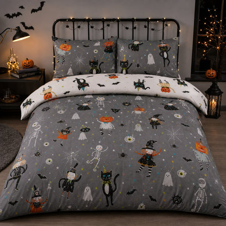 Halloween Party Polycotton Duvet Cover Set styled on a bed in a coordinated bedroom lifestyle scene