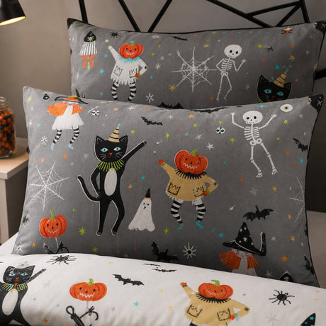 Close-up of matching Halloween Party Polycotton Duvet Cover Set pillowcases showing the pattern and fabric detail