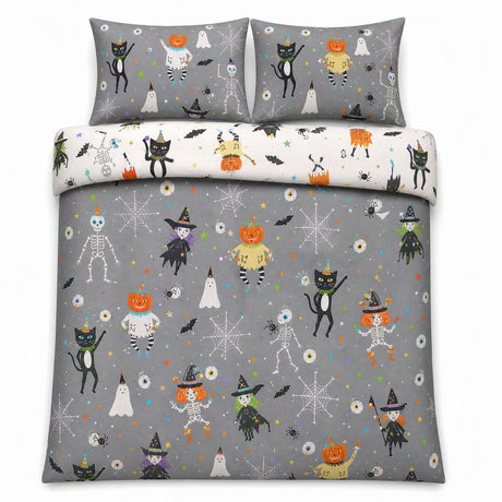 Overhead flat lay of the Halloween Party Polycotton Duvet Cover Set with two matching pillowcases