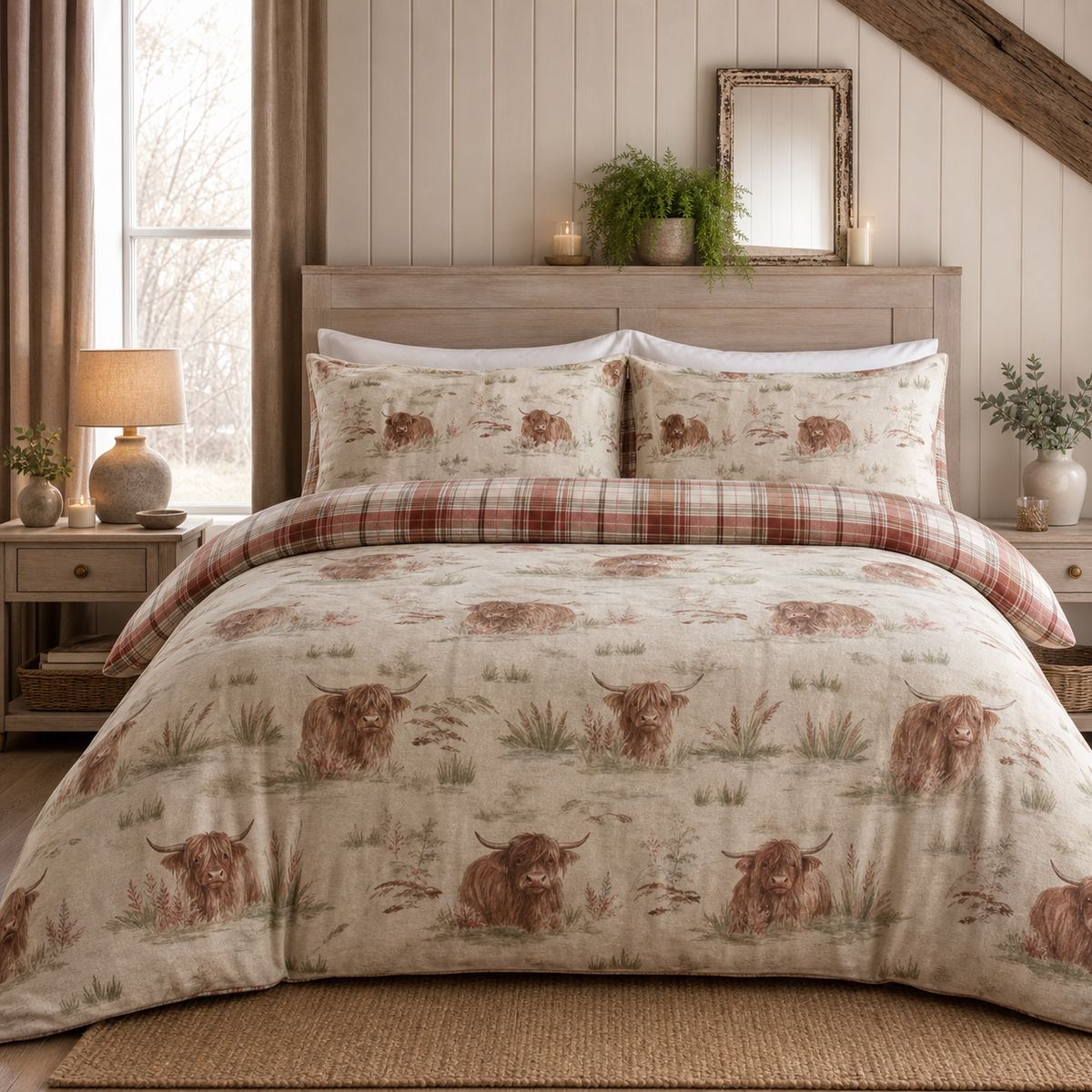Hanson Cow Brushed Cotton Flannelette Duvet Cover Set styled on a bed in a coordinated bedroom lifestyle scene