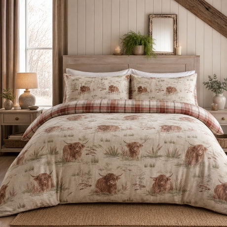 Hanson Cow Brushed Cotton Flannelette Duvet Cover Set styled on a bed in a coordinated bedroom lifestyle scene