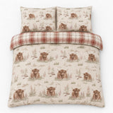 Overhead flat lay of the Hanson Cow Brushed Cotton Flannelette Duvet Cover Set with two matching pillowcases