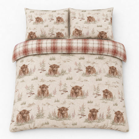 Overhead flat lay of the Hanson Cow Brushed Cotton Flannelette Duvet Cover Set with two matching pillowcases