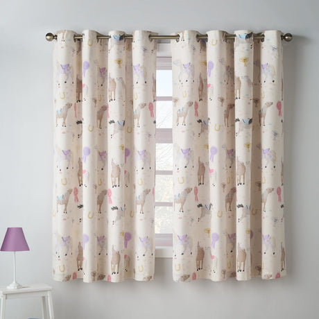 Catherine Lansfield Kids Happy Horses Fully Reversible 66x72 Inch Eyelet Curtains Two Panels Cream
