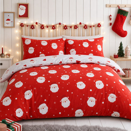 Happy Santa Christmas Microfibre Duvet Cover Set styled on a bed in a coordinated bedroom lifestyle scene
