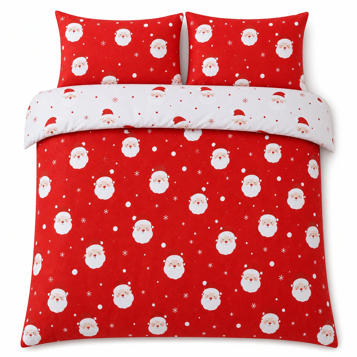 Overhead flat lay of the Happy Santa Christmas Microfibre Duvet Cover Set with two matching pillowcases
