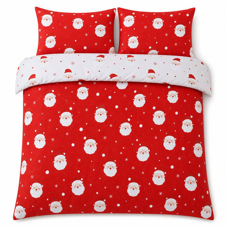 Overhead flat lay of the Happy Santa Christmas Microfibre Duvet Cover Set with two matching pillowcases