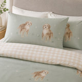 Close-up of Hattie Cockapoo Dog Print Microfibre Duvet Cover Set in green pillowcases showing the print and fabric detail