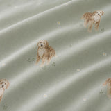 Macro close-up of the green fabric on the Hattie Cockapoo Dog Print Microfibre Duvet Cover Set