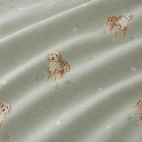 Macro close-up of the green fabric on the Hattie Cockapoo Dog Print Microfibre Duvet Cover Set