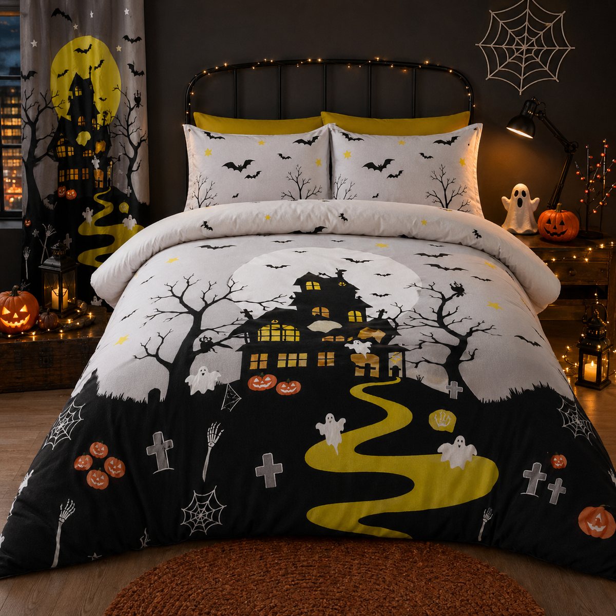 Haunted House Halloween Polycotton Duvet Cover Set styled on a bed in a coordinated bedroom lifestyle scene