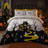 Haunted House Halloween Polycotton Duvet Cover Set styled on a bed in a coordinated bedroom lifestyle scene