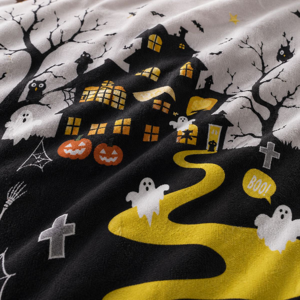 Macro close-up of the polycotton fabric on the Haunted House Halloween Polycotton Duvet Cover Set