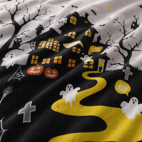 Macro close-up of the polycotton fabric on the Haunted House Halloween Polycotton Duvet Cover Set