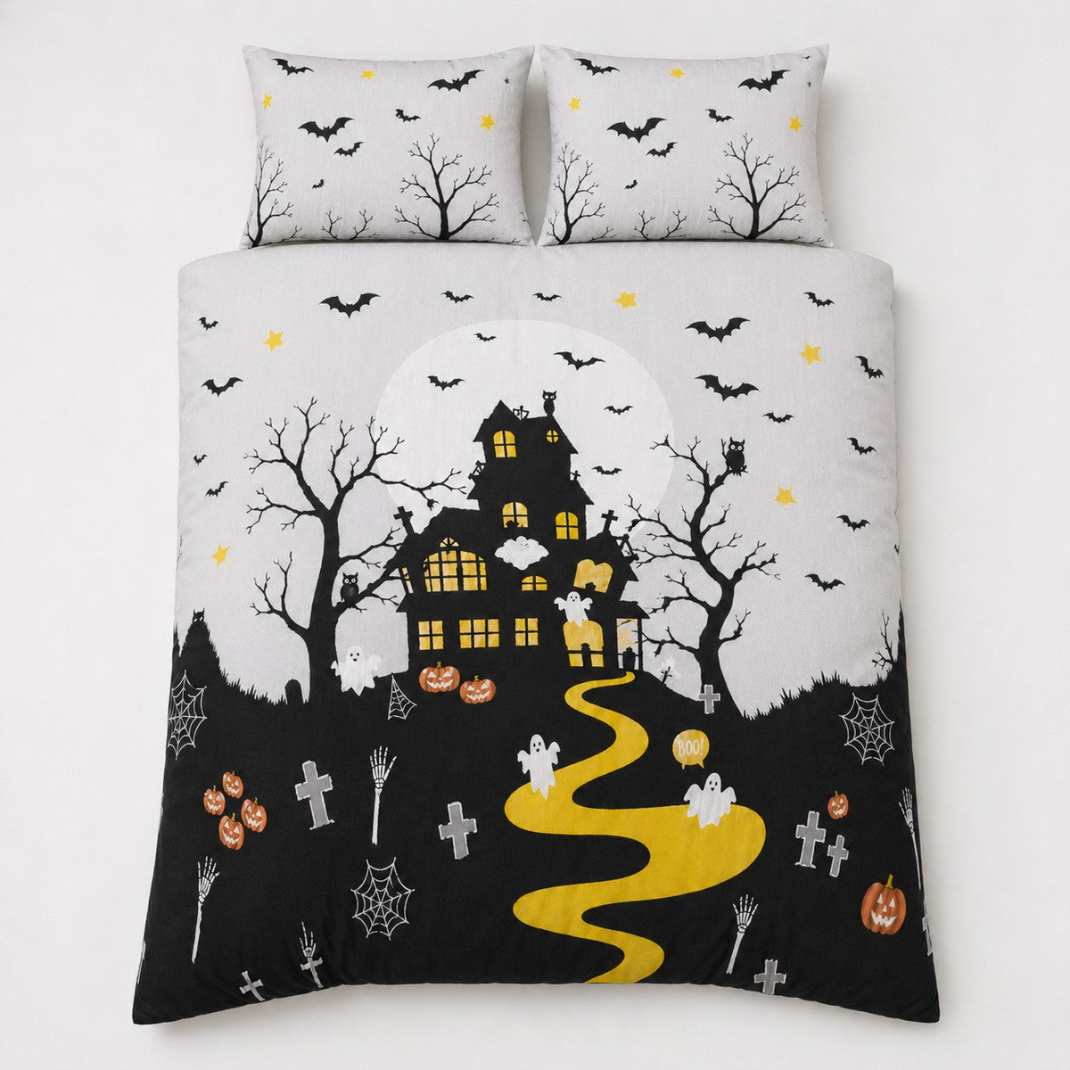 Overhead flat lay of the Haunted House Halloween Polycotton Duvet Cover Set with two matching pillowcases