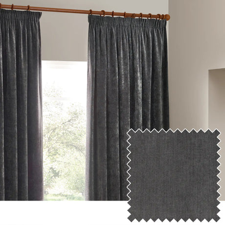 Heavy Lined Charcoal Velvet Chenille Pencil Pleat Curtains - additional product view 1