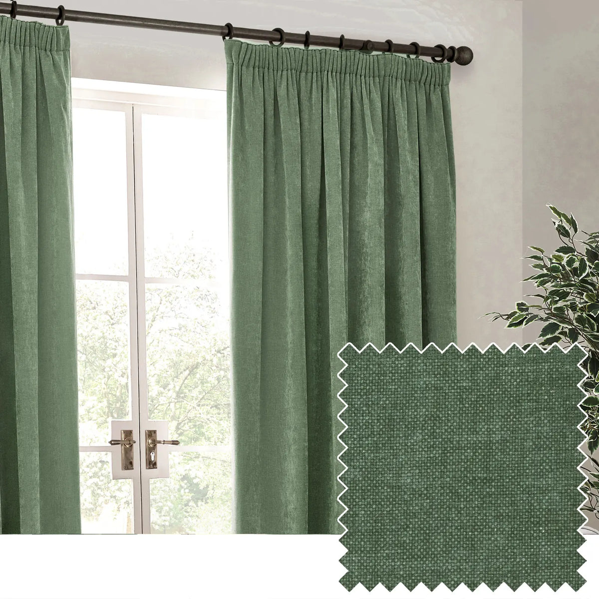 Heavy Lined Eucalyptus Velvet Chenille Pencil Pleat Curtains - additional product view 1
