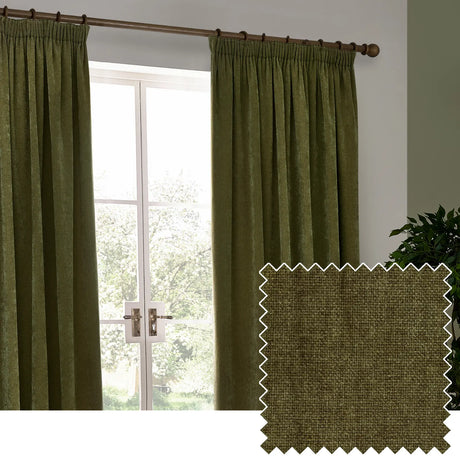 Heavy Lined Olive Velvet Chenille Pencil Pleat Curtains - additional product view 1