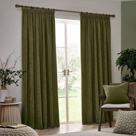 Heavy Lined Olive Velvet Chenille Pencil Pleat Curtains - additional product view 2