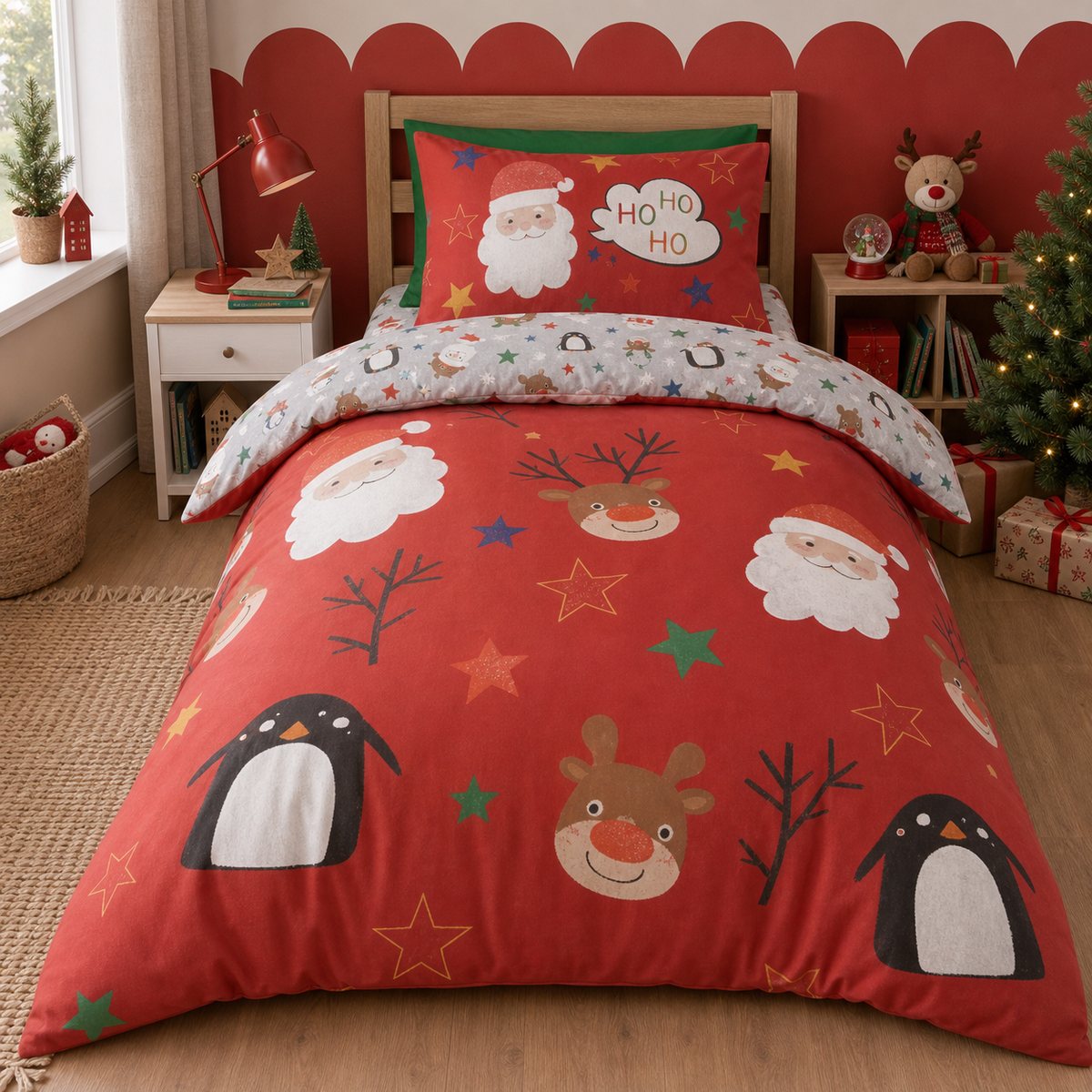 Ho Ho Ho Christmas Duvet Cover Set Red Polycotton styled on a bed in a coordinated bedroom lifestyle scene