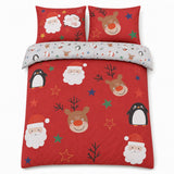 Overhead flat lay of the Ho Ho Ho Christmas Duvet Cover Set Red Polycotton with two matching pillowcases