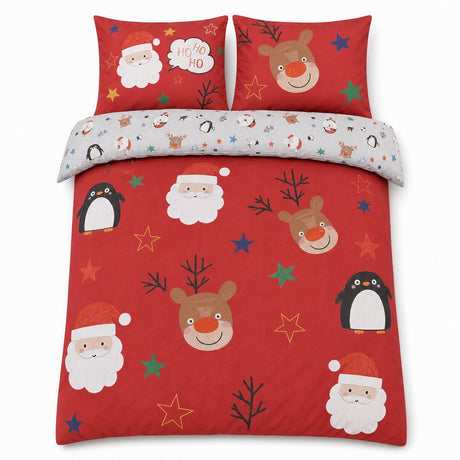 Overhead flat lay of the Ho Ho Ho Christmas Duvet Cover Set Red Polycotton with two matching pillowcases