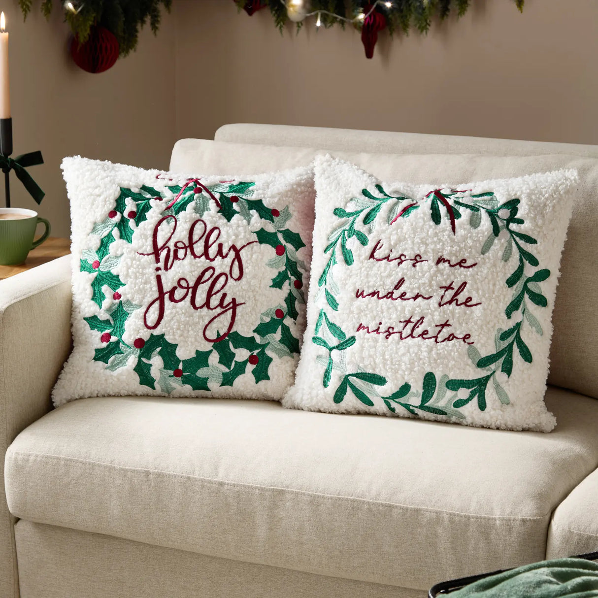 Holly Wreath Embroidered Cushion Cover Multicolour 45 x 45cm - image 6