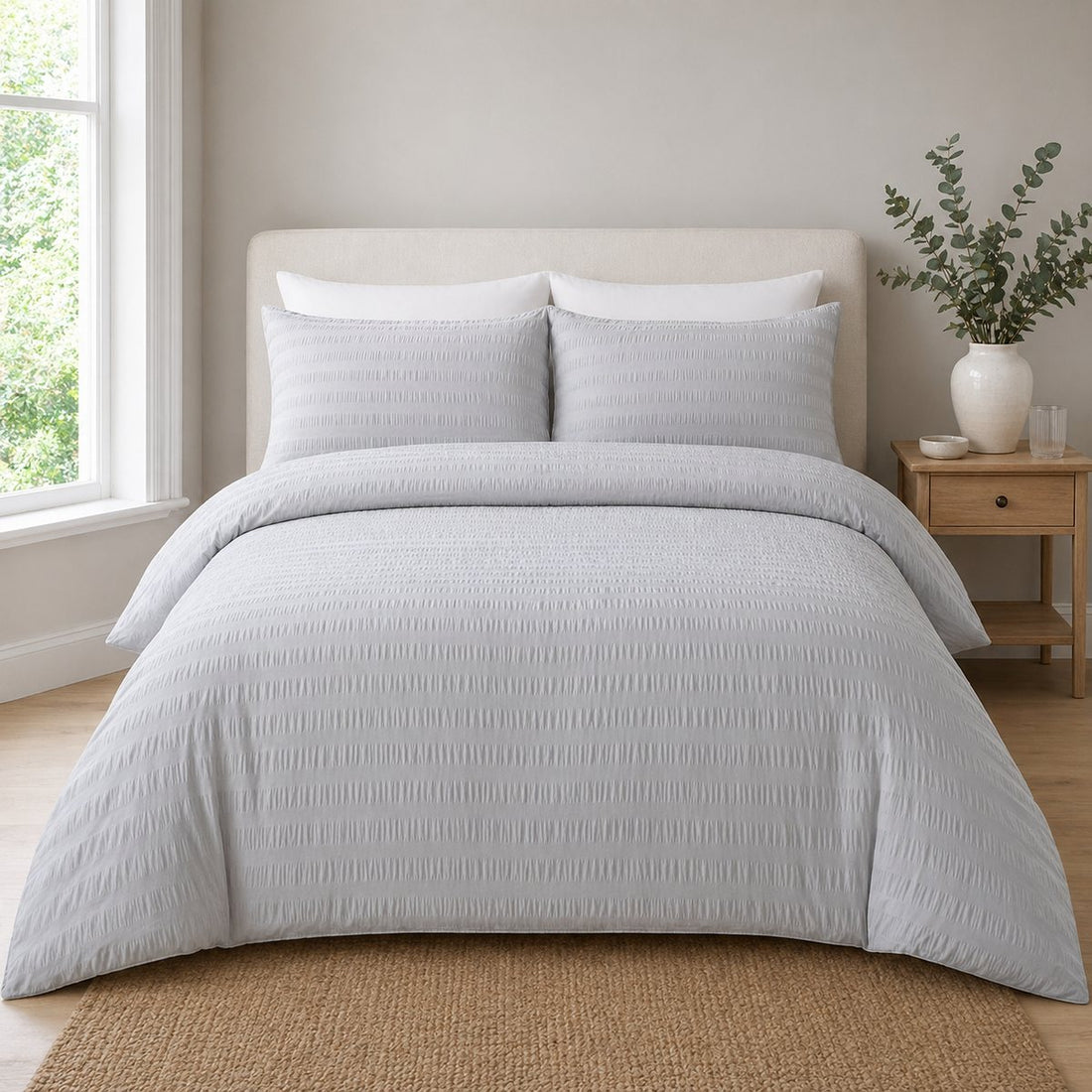 Honley Seersucker Microfibre Silver Duvet Cover Bedding Set