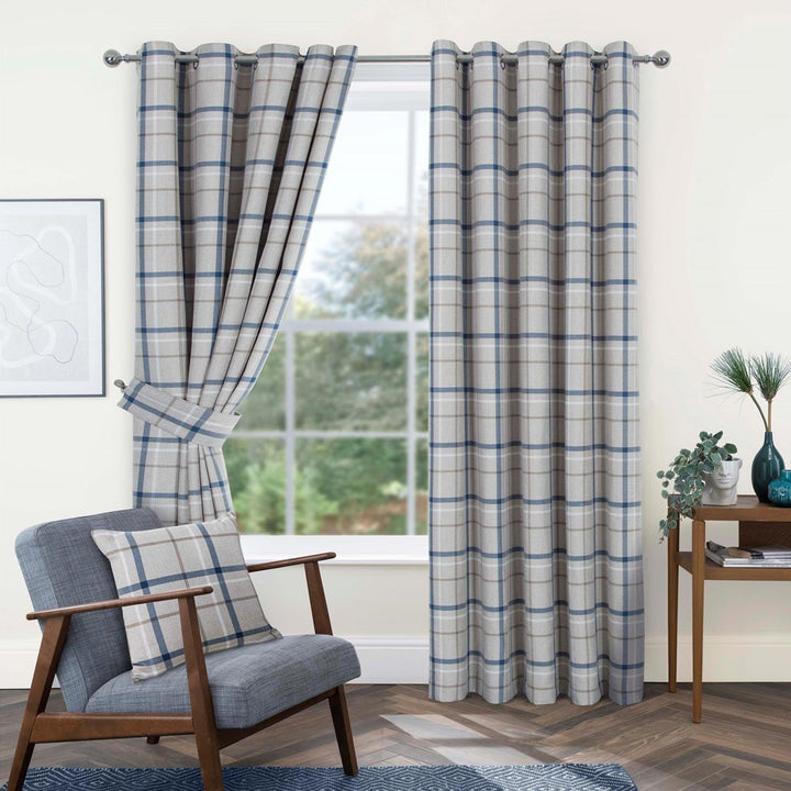 Hudson Woven Check Eyelet Curtains Blue - Ideal