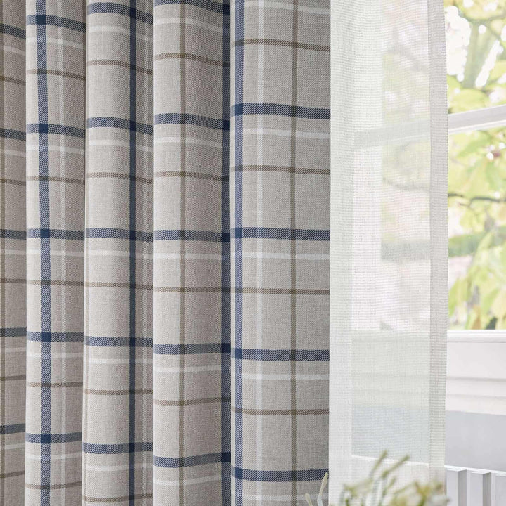 Hudson Woven Check Eyelet Curtains Blue - Ideal