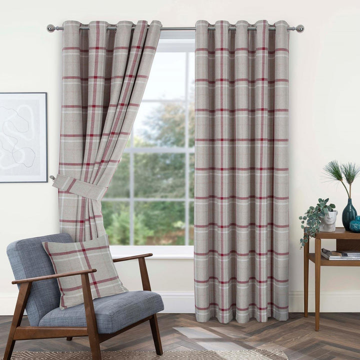 Hudson Woven Check Eyelet Curtains Red - Ideal