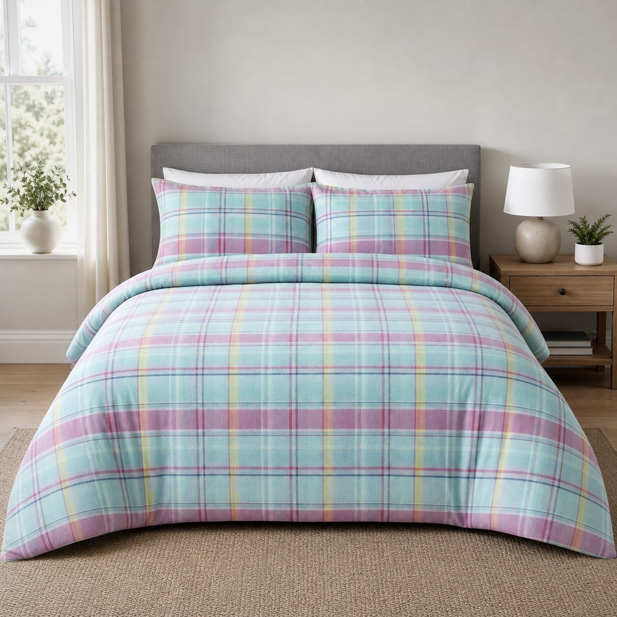 Hygge Applecross Check Flannelette Brushed Cotton Duvet Cover Set styled on a bed in a coordinated bedroom lifestyle scene
