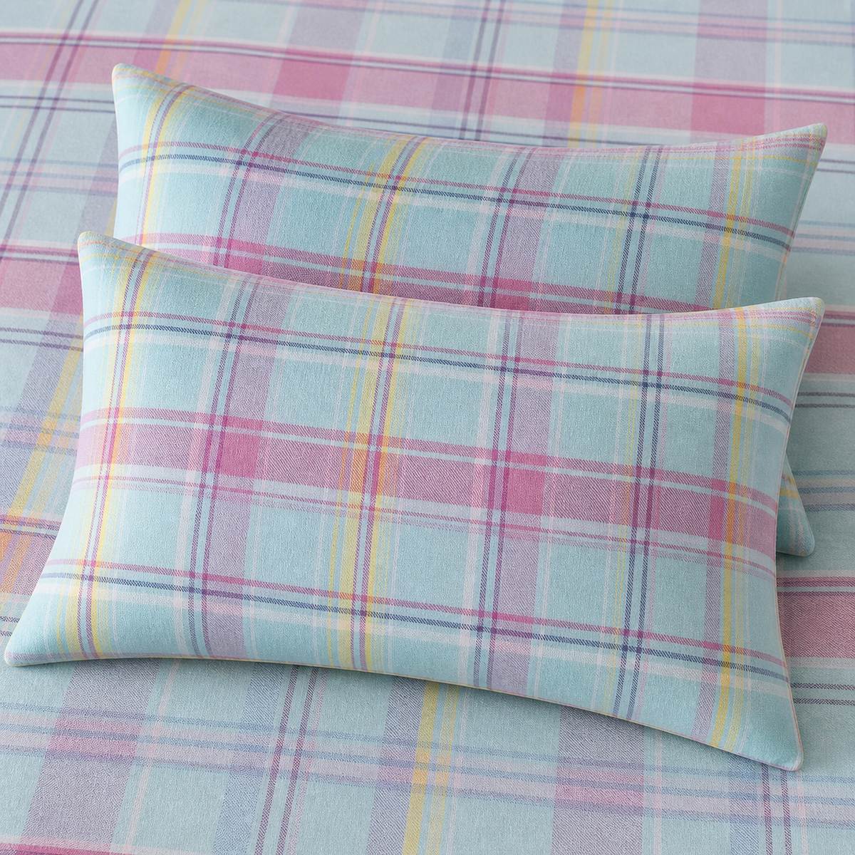Close-up of matching Hygge Applecross Check Flannelette Brushed Cotton Duvet Cover Set pillowcases showing the pattern and fabric detail
