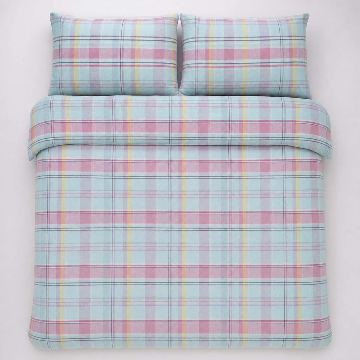 Overhead flat lay of the Hygge Applecross Check Flannelette Brushed Cotton Duvet Cover Set with two matching pillowcases