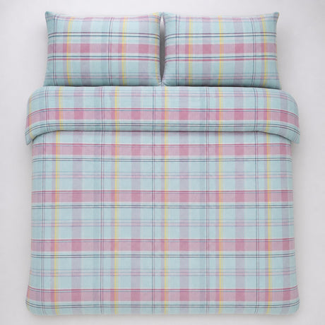 Overhead flat lay of the Hygge Applecross Check Flannelette Brushed Cotton Duvet Cover Set with two matching pillowcases