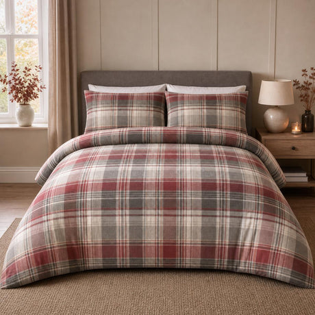 Hygge Connolly Flannelette Brushed Cotton Duvet Cover Set styled on a bed in a coordinated bedroom lifestyle scene