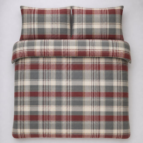 Overhead flat lay of the Hygge Connolly Flannelette Brushed Cotton Duvet Cover Set with two matching pillowcases