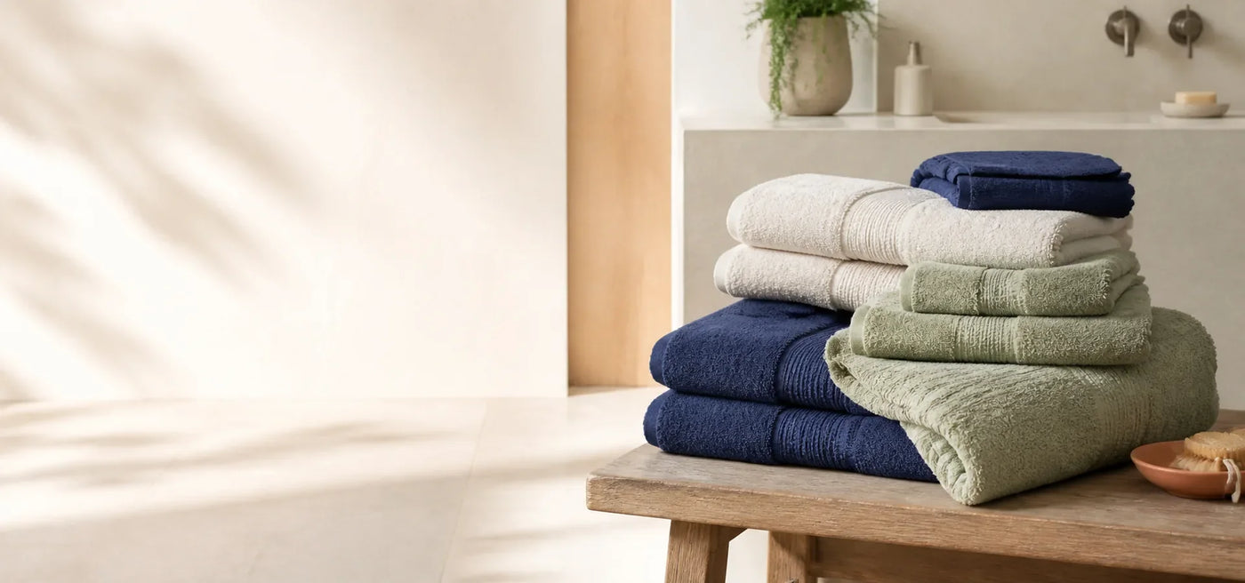 A stack of folded bath towels in navy blue, cream, and sage green sits on a wooden table in a softly lit bathroom setting.