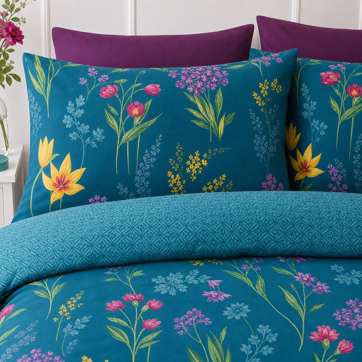 Close-up of Ingrid Polycotton Duvet Cover Set in teal pillowcases showing the print and fabric detail