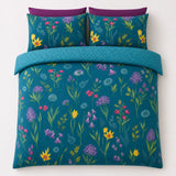 Overhead flat lay of the Ingrid Polycotton Duvet Cover Set in teal with two matching pillowcases