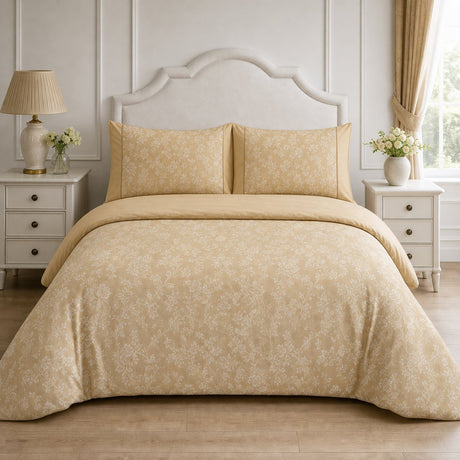 Jasmine champagne floral woven polycotton duvet cover set styled on a calm elegant bedroom bed