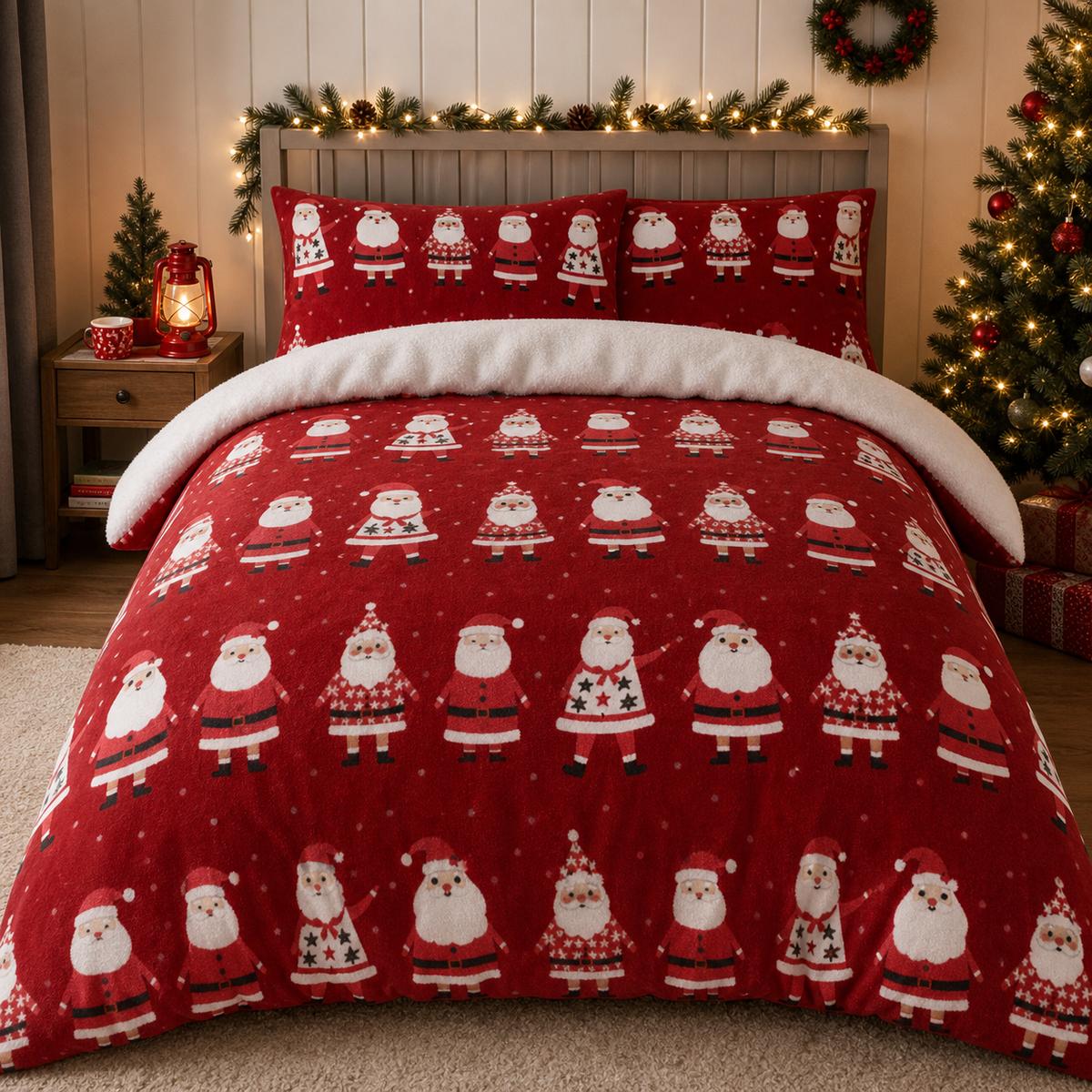Jolly Santa Christmas Microfibre Duvet Cover Set styled on a bed in a coordinated bedroom lifestyle scene