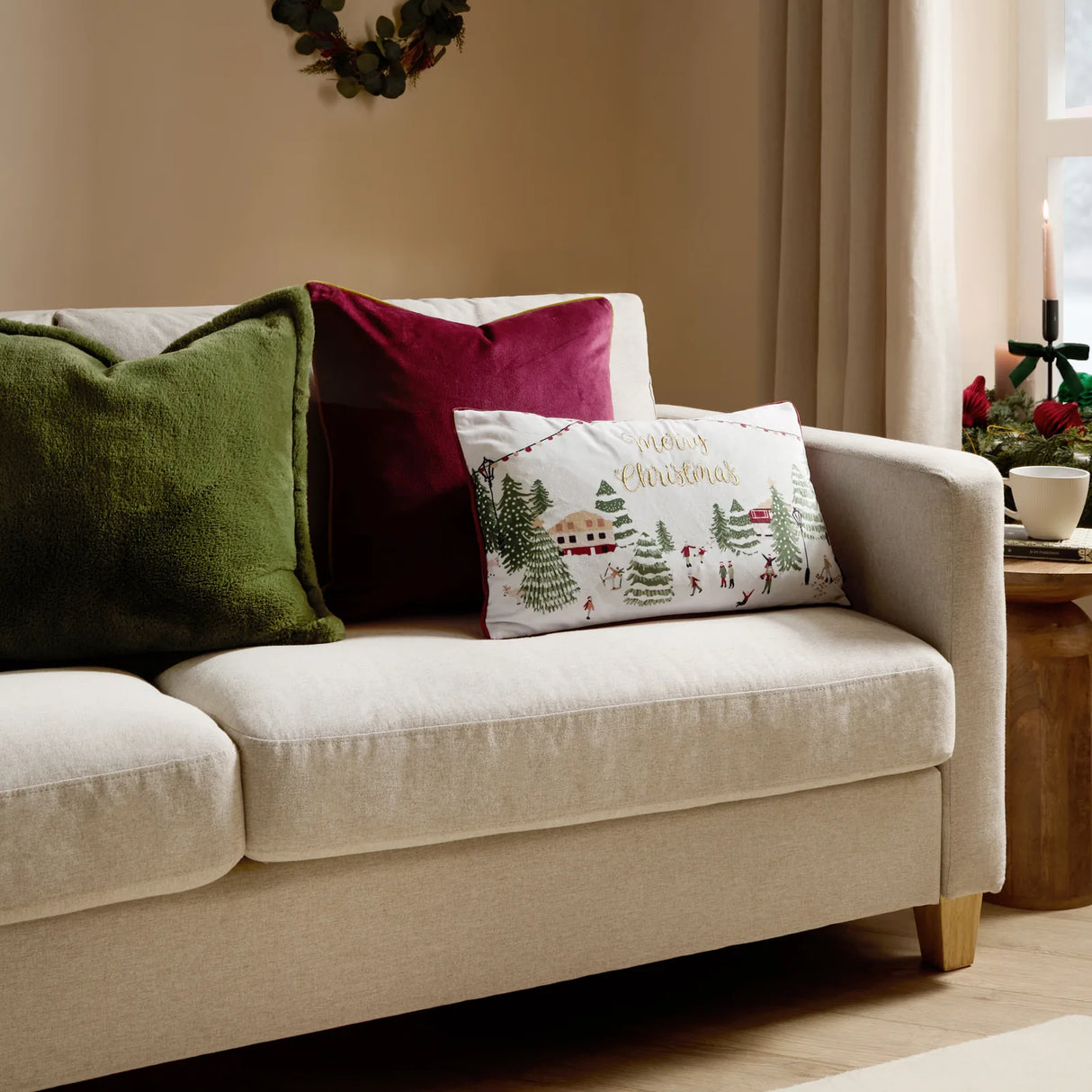 Joy To All Embroidered Velvet Cushion Cover Snow/Berry 30 x 50cm - image 6