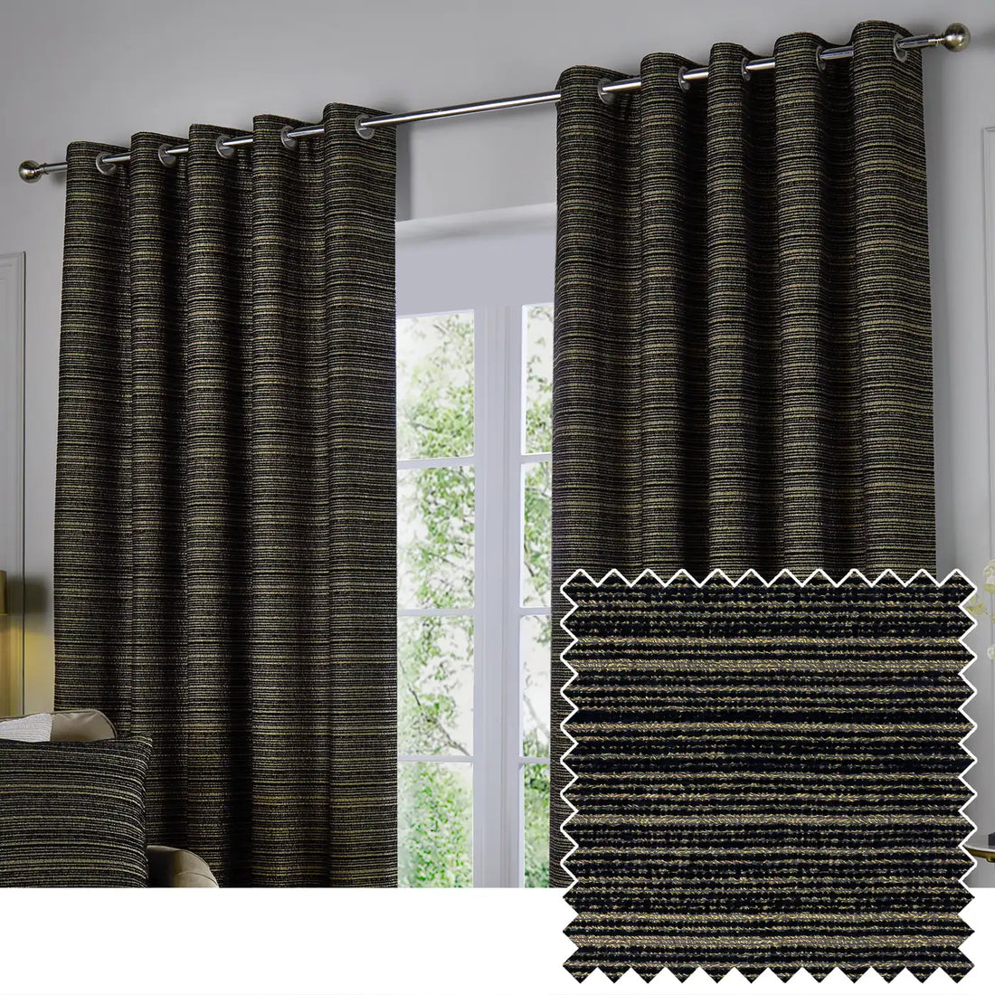 Jupiter Fully Lined Chenille Jacquard Eyelet Curtains Black/Gold
