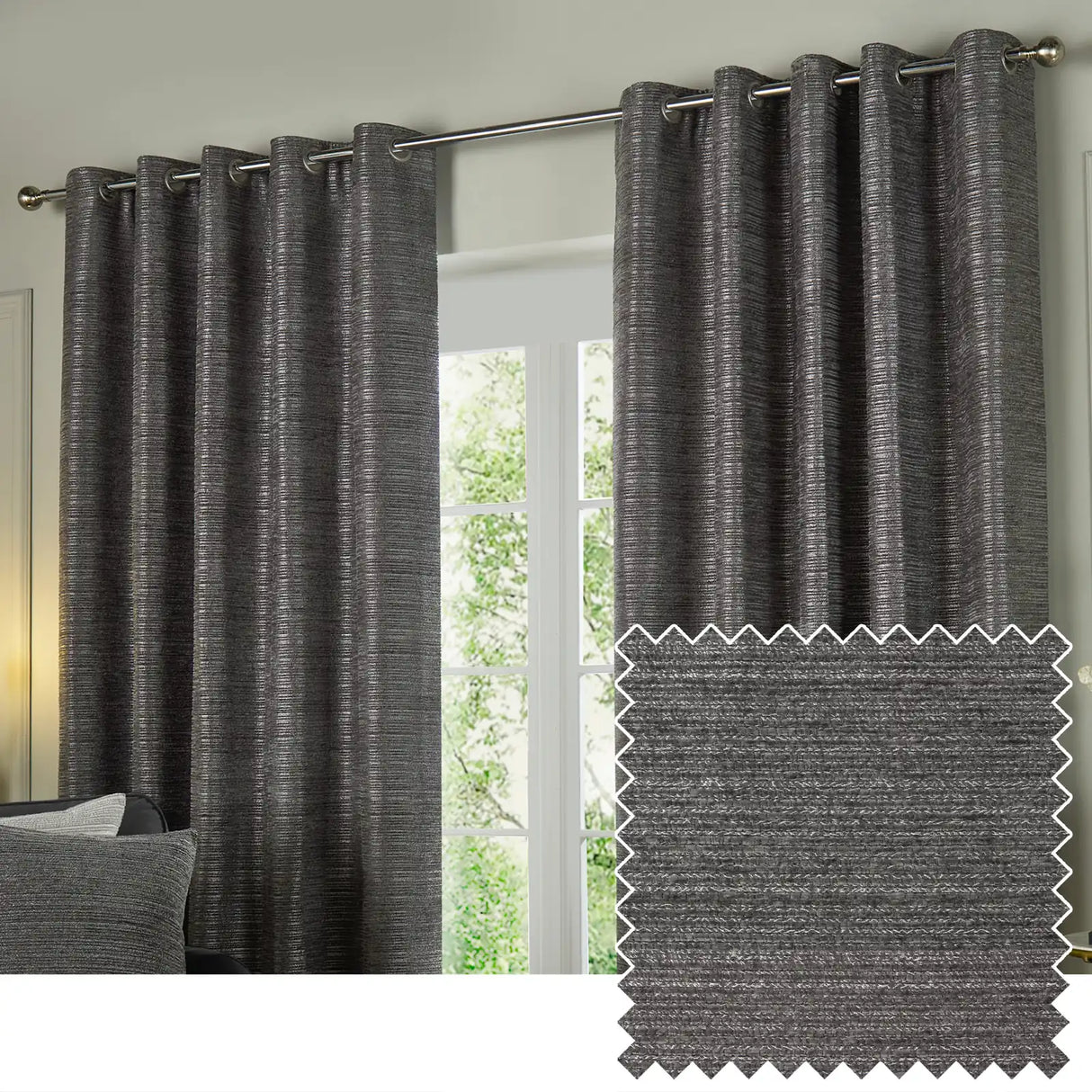 Jupiter Fully Lined Chenille Jacquard Eyelet Curtains Graphite - image 2
