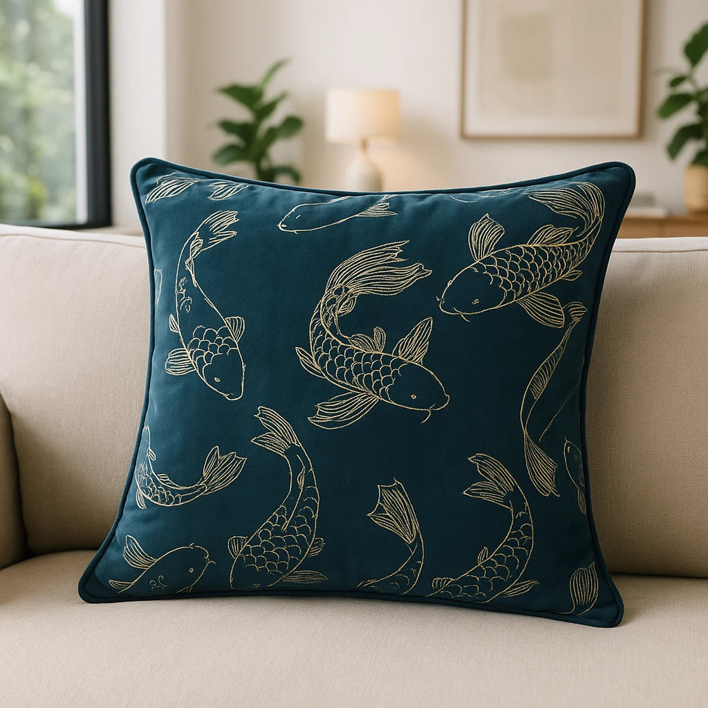 Koi Pond Embroidery Velvet Navy Cushion Cover or Filled Cushion 50cm x 50cm