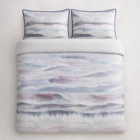 Overhead flat lay of the Landscape Cotton Duvet Cover Set with two matching pillowcases