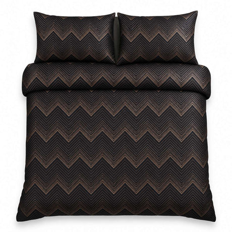 Overhead flat lay of the Laurence Llewelyn-Bowen Cocktail Microfibre Duvet Cover Set in black with two matching pillowcases