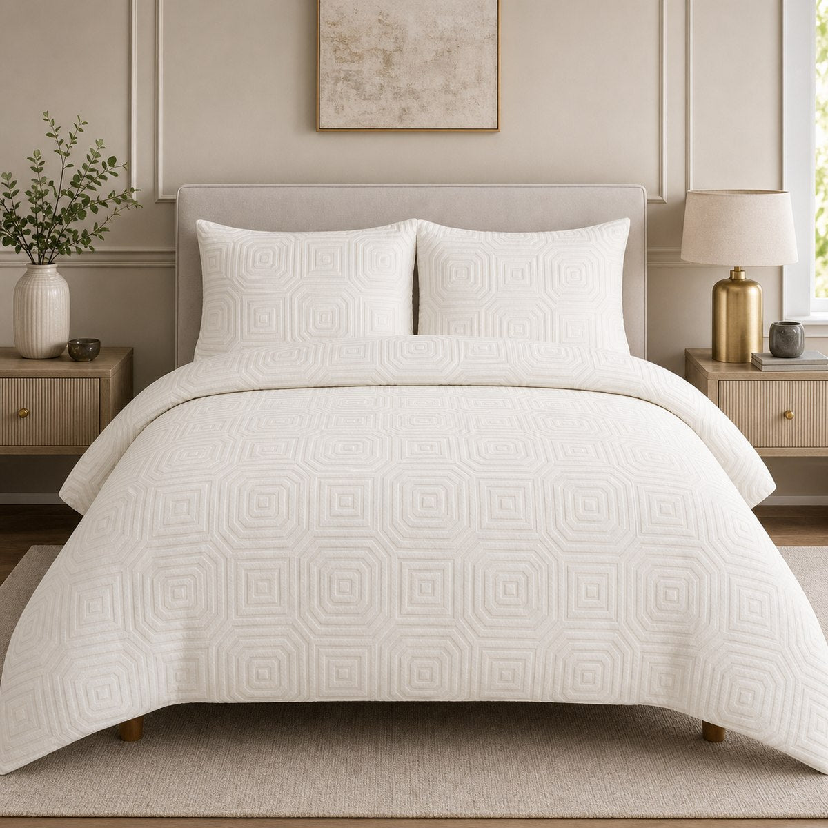 Laurence Llewelyn-Bowen Emile Microfibre Duvet Cover Set in cream styled on a coordinated bedroom bed